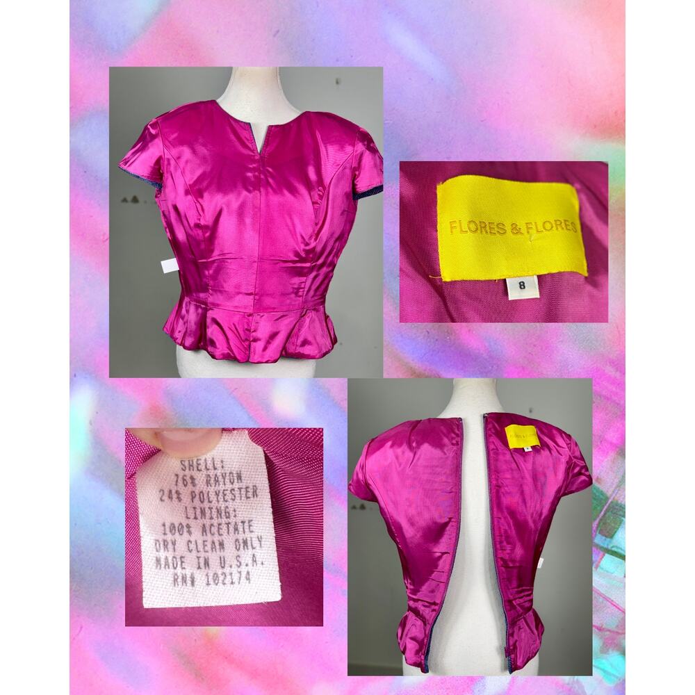 Vintage 90s Flores & Flores Purple Magenta Crop Peplum Folded Pleat Blouse 8 - Picture 4 of 4